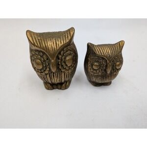 Vtg Bronze Tone Metal Owl Figurines Set of 2 Textured Bird Statues Mid Century